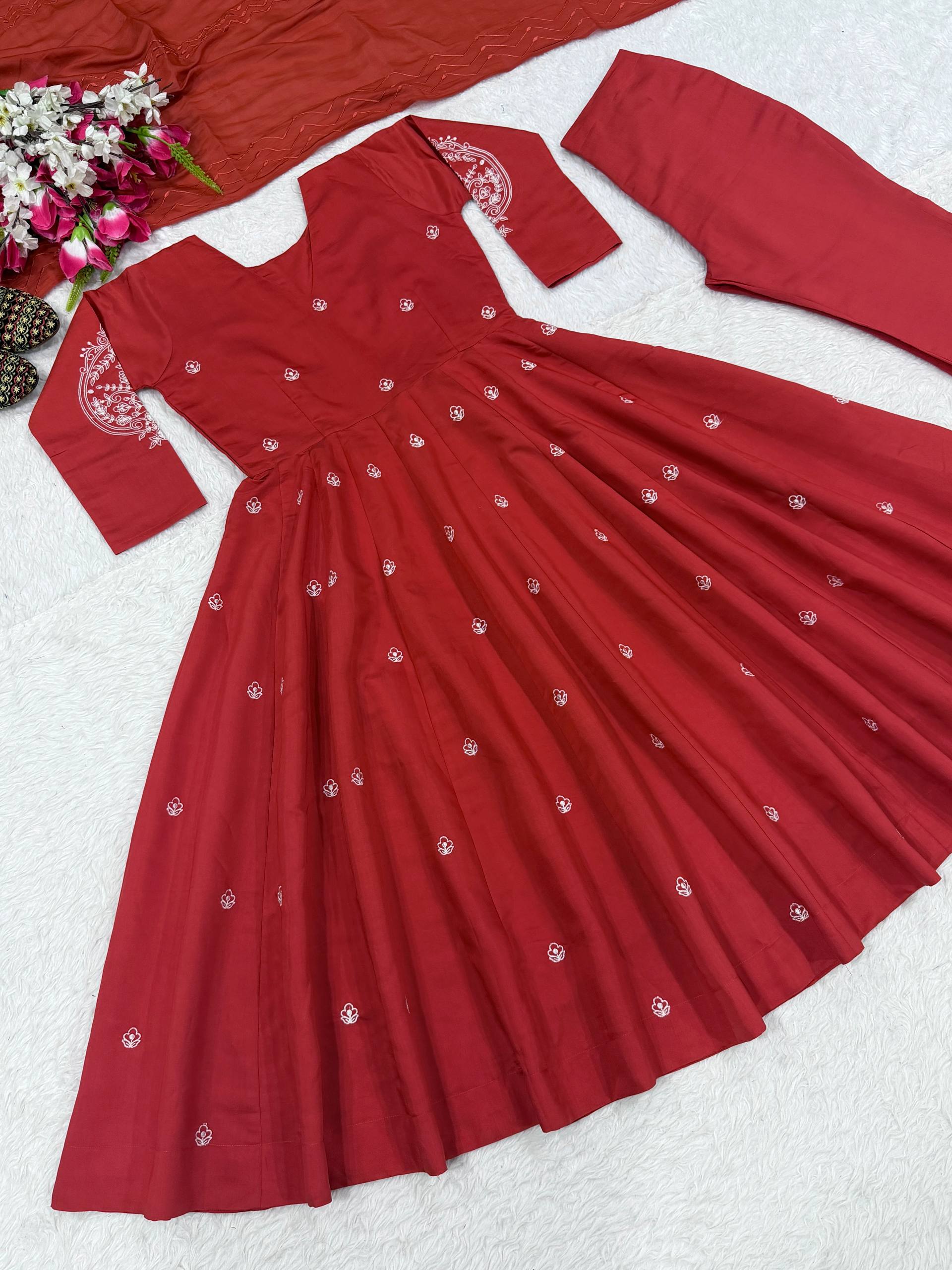 Rich Magenta Maroon Flared Anarkali Suit Set Adorned with Delicate Scattered Floral Embroidery and an Elegant V-Neckline